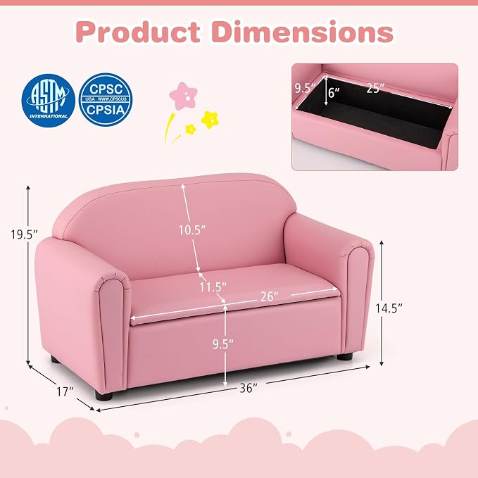 Costzon Kids Couch, 2 in 1 Double Seat Children's Sofa w/Under Seat Storage - Image 3