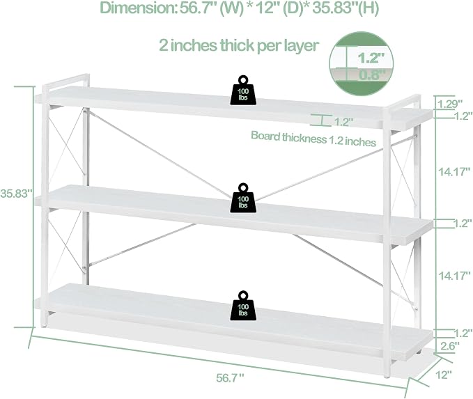 HCHQHS Bookshelf, 3-Tier Long Industrial Bookcase, Freestanding Horizontal - Image 3
