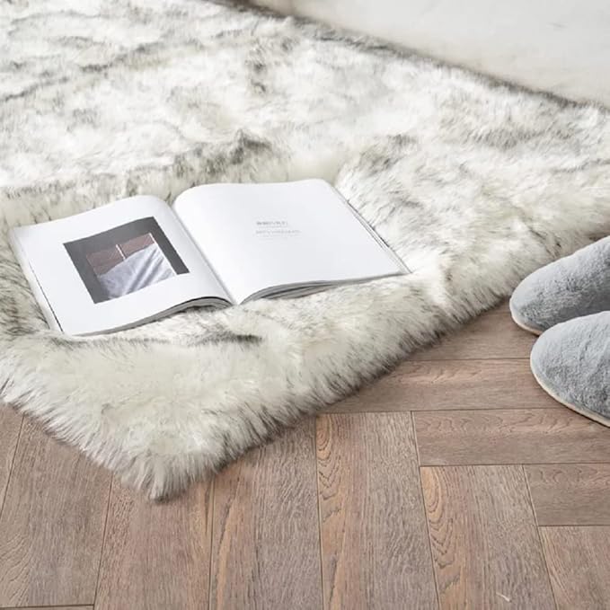 ORINOVA 5x7 Area Rug White and Gray Washable Shaggy Faux Sheepskin Fur Rug - Image 6
