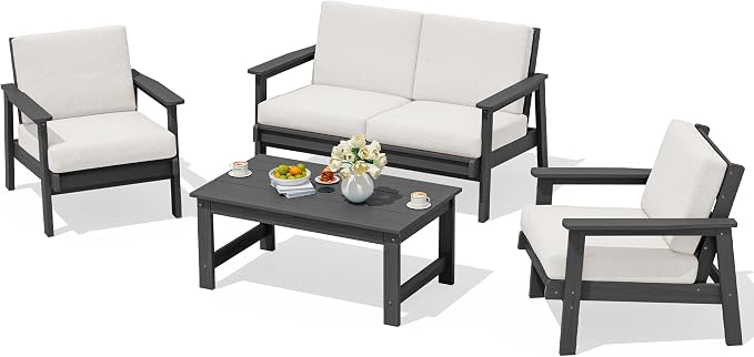 SERWALL HDPE Outdoor Furniture Set 4, All Weather Wood-Like Outdoor Sofa by SERWALL