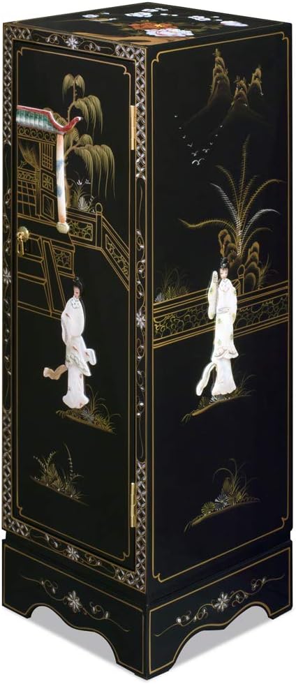 Black Lacquer Mother of Pearl Chinese Pedestal Cabinet - Image 3