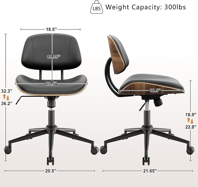 Armless Office Chair with Wheels, PU Leather Adjustable Height Desk Chair - Image 2