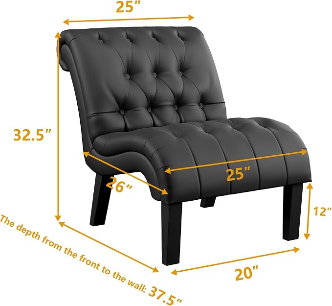 Black Faux Leather Accent Chair Modern Button Tufted Upholstered Armless Chair - Image 2