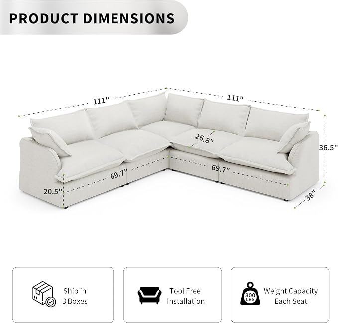5 Seat V Shape Modular Sectional Couch Sofa - Image 2