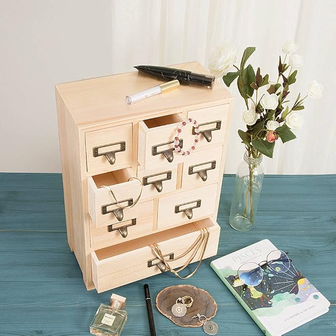 Apothecary Cabinet with 9 Drawers & Labels Rustic Library Card Catalog Cabinet - Image 4