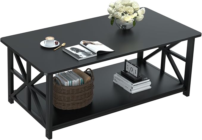 GreenForest Coffee Table with Round Corner, Farmhouse Center Table with 2-Tier by GreenForest