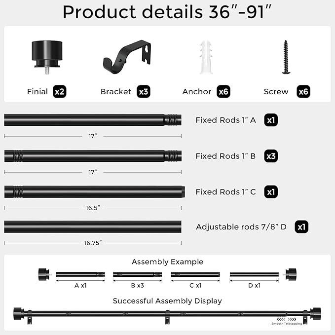 Curtain Rods for Windows 48 to 84 Inch, Decorative Adjustable Heavy Duty Easy - Image 5