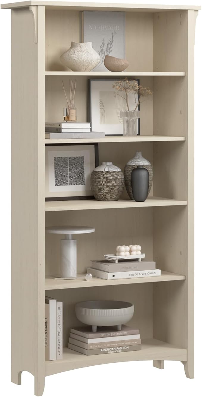Bush Home Salinas 5 Shelf Bookcase in Antique White, Tall Bookshelf, Large Book by BushHome