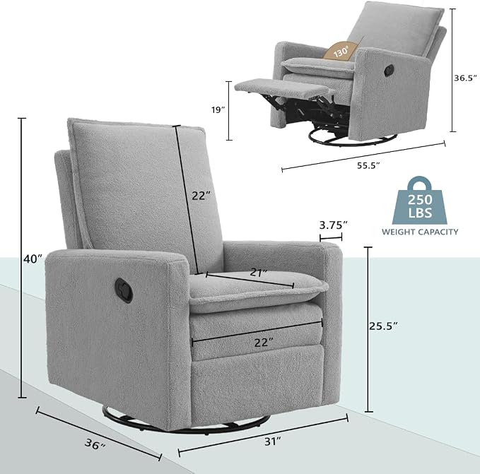 Oxford Baby Uptown Upholstered Glider Recliner Rocking Chair 360° Swivel - Image 3
