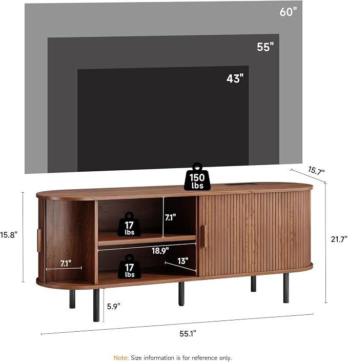 55" TV Stand with Power Outlet, Mid-Century Modern Television Stand, Fluted - Image 2