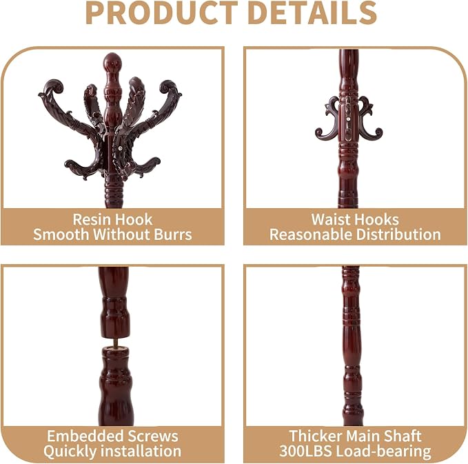 ZOZOE Wooden Classic Coat Rack Stand, Solid Wood Coat Rack Freestanding - Image 2