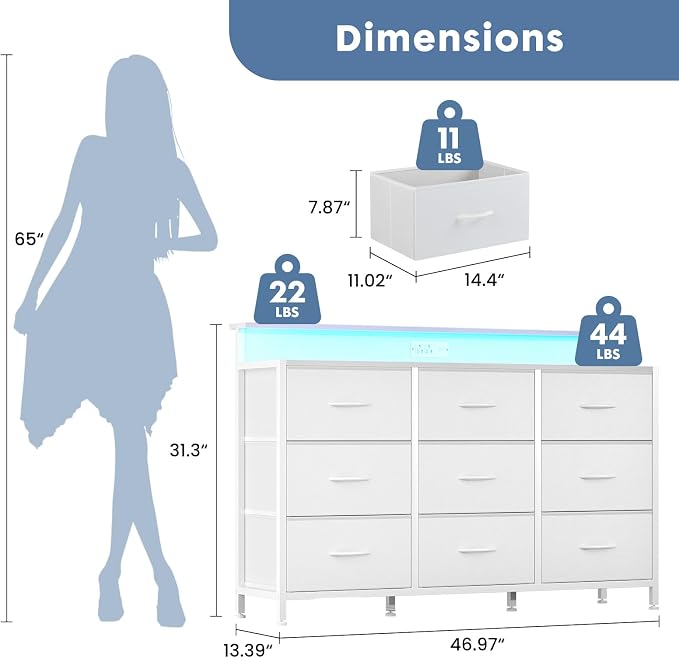 DUMOS TV Stand Dresser with 9 Fabric Drawers and Open Shelves, Entertainment - Image 3