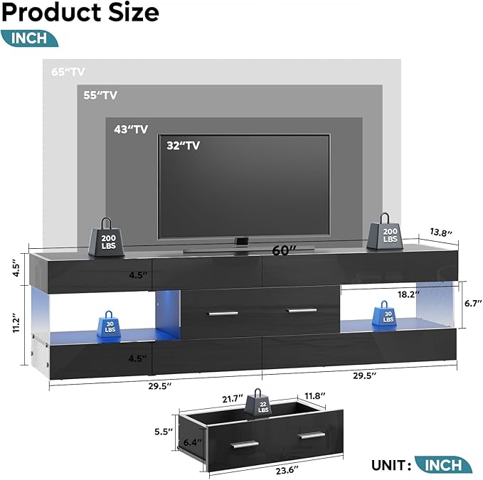 Bestier Black TV Stand for 55/60/65 Inch TV, High Gloss Modern TV Stand - Image 2
