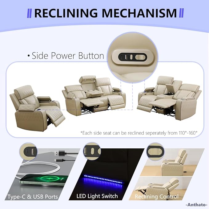 Leather Power Recliner Sofa Set, Living Room Furniture Sets, 2 Piece Reclining - Image 4