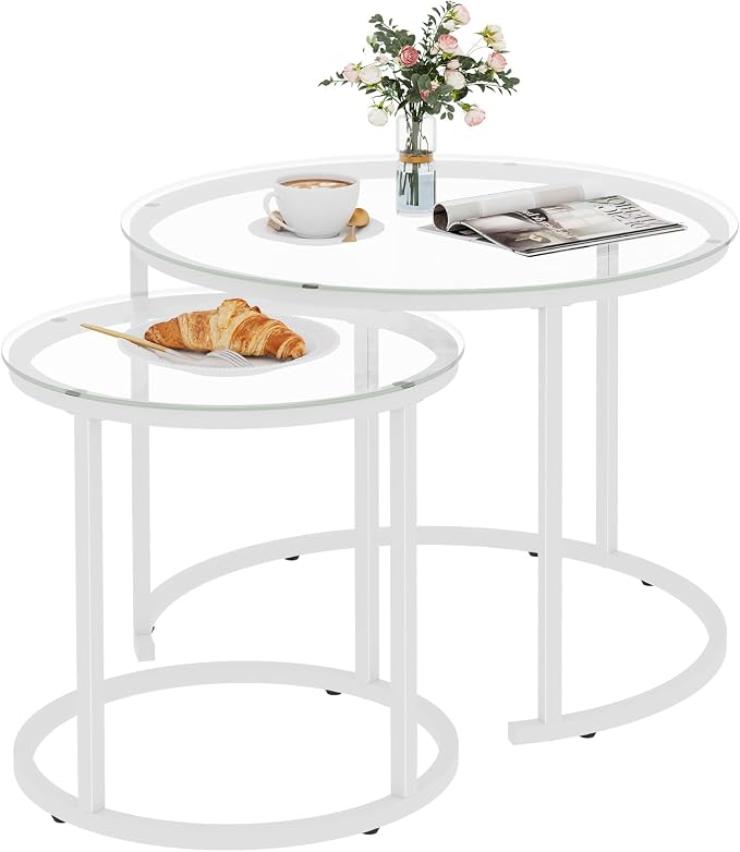 aboxoo White Nesting Glass Table Set of 2, Small Glass Round Nesting Tables - Image 9