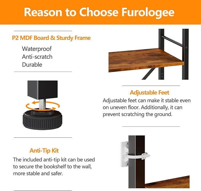 Furologee 6 Tier Tall Bookshelf, Industrial Narrow Bookcase, Display Standing - Image 6