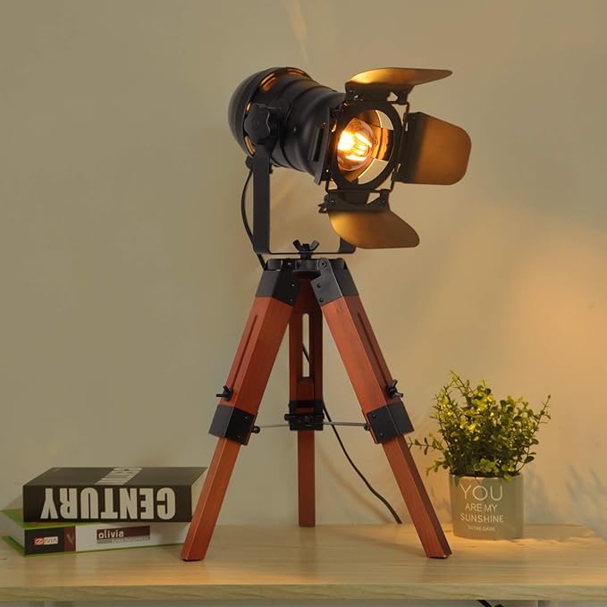 Decoluce Industrial Tripod Floor Table Lamp Vintage Wood Cinema Searchlight - Image 6