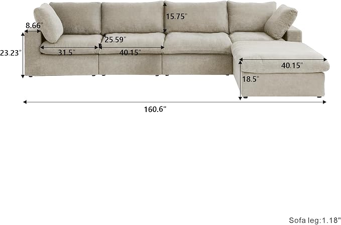 Cloud Couch Modular Sectional Sofa, 160.6" Down Filled Couch - Image 2