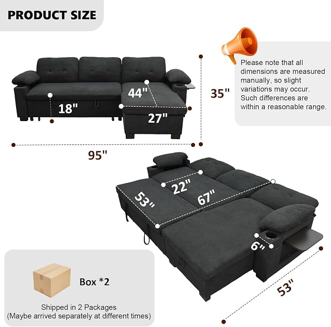 93" L Shaped Sleeper Sofa Bed, Pull Out Sectional Couch - Image 2