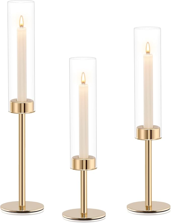 Gold Hurricane Candle Holders Set of 3, Tall Metal & Windproof Glass Taper - Image 9