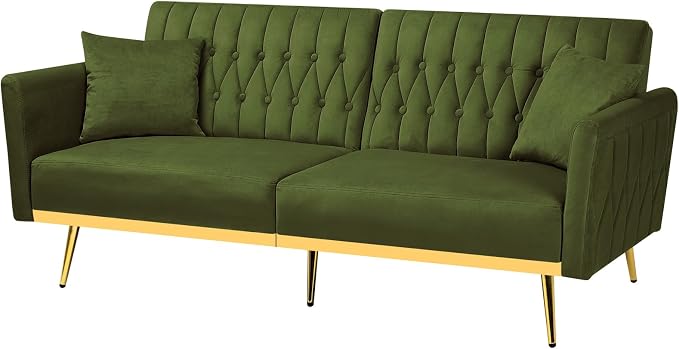 70” Velvet Futon Sofa Bed w/Adjustable Armrests & 2 Pillows, Convertible Futon - Image 8
