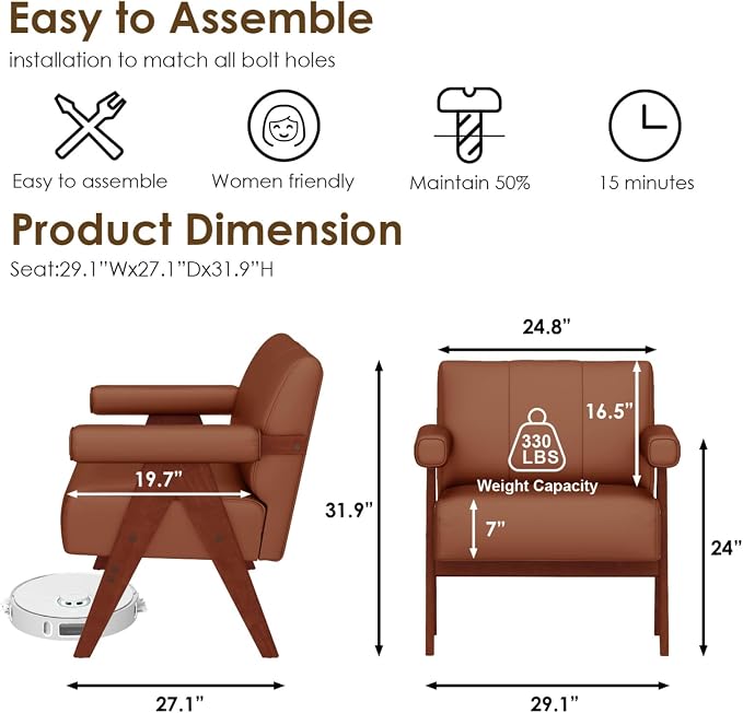 STHOUYN Brown Leather Accent Chairs Set of 2, Mid Century Modern Chair Set of 2 - Image 2