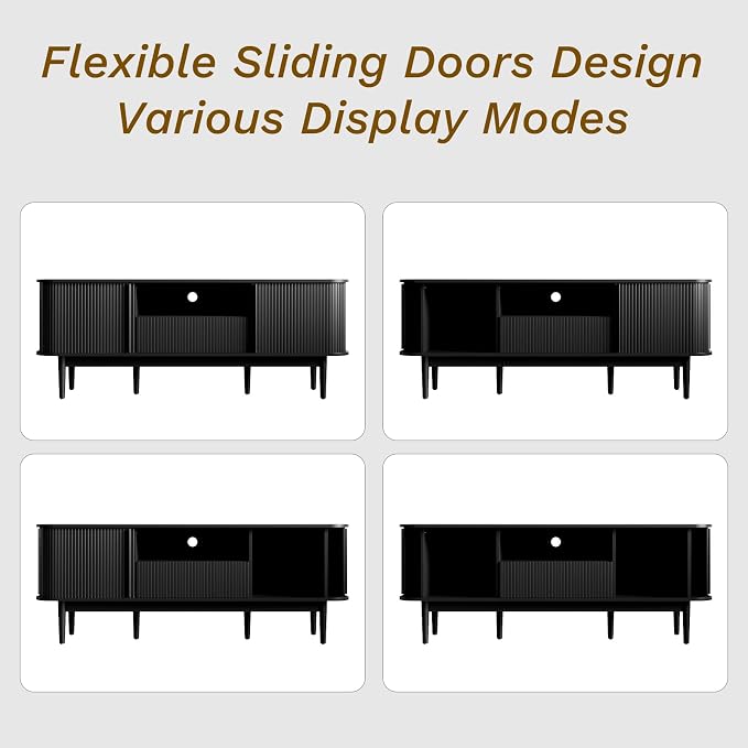 MAISONARIA 63" Black TV Stand, Fluted Entertainment Center - Image 6