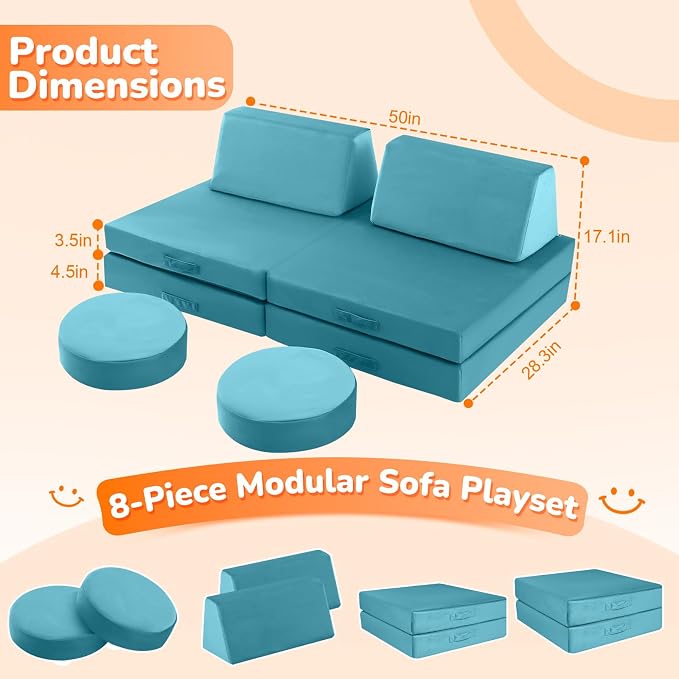 MeMoreCool Kids Play Couch, 8-Piece Modular Toddler Couch Set in Teal Blue - Image 2