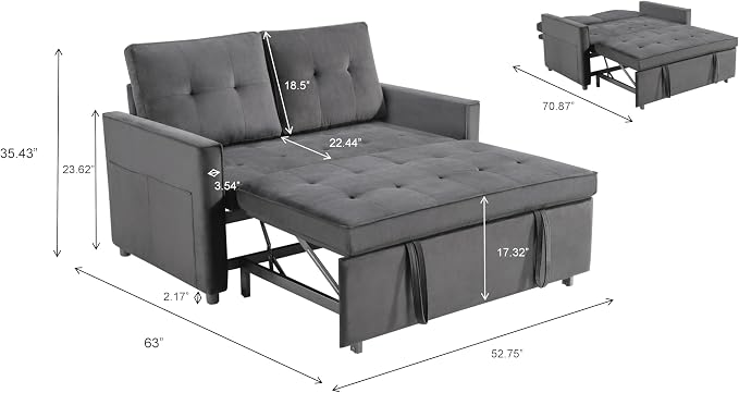 Sofa Bed, Pull Out Couch with Side Pockets, 3 in 1 Velvet Fabric Loveseat - Image 2