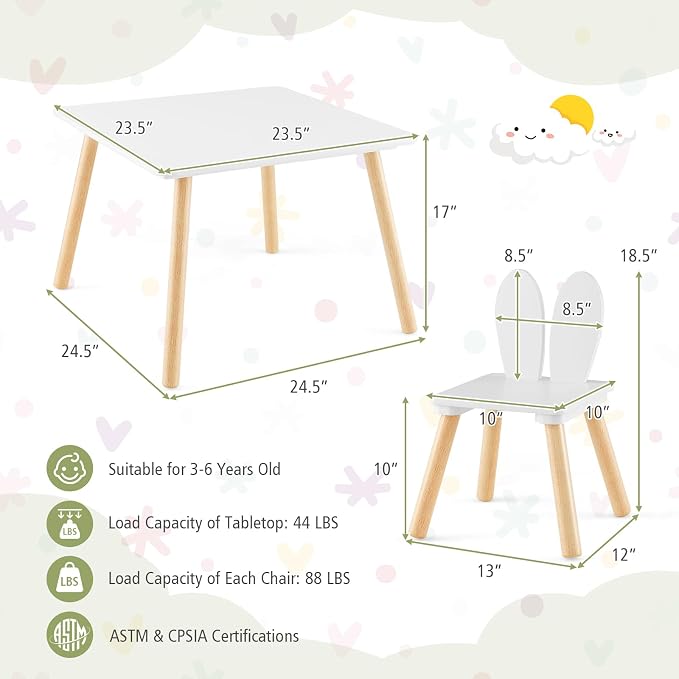 Costzon Kids Table and Chair Set, 3 Pieces Wooden Activity Table & 2 Rabbit - Image 6
