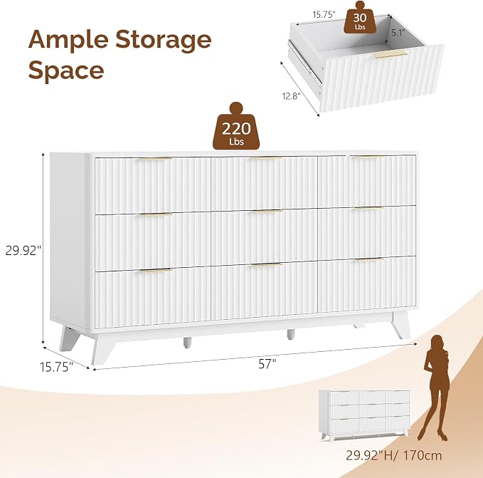 VINGLI 9 Drawer Dresser White Fluted Dresser - Image 2