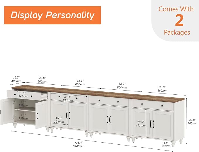 WAMAPT Buffet Cabinet with 8 Doors and 4 Drawers, Large Coffee Bar Table Wood - Image 2