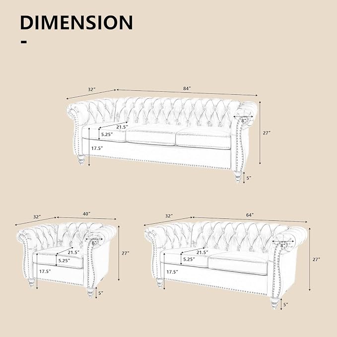 AVZEAR 3 seat Sofa, Velvet Living Room Large Modern Chesterfield Fabric Modern - Image 2