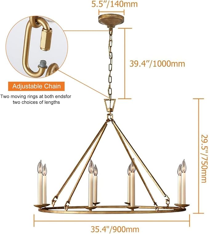LOVEDIMA Gold Wagon Wheel Chandelier Rustic 35.4'' Candle-Shaped Metal - Image 3