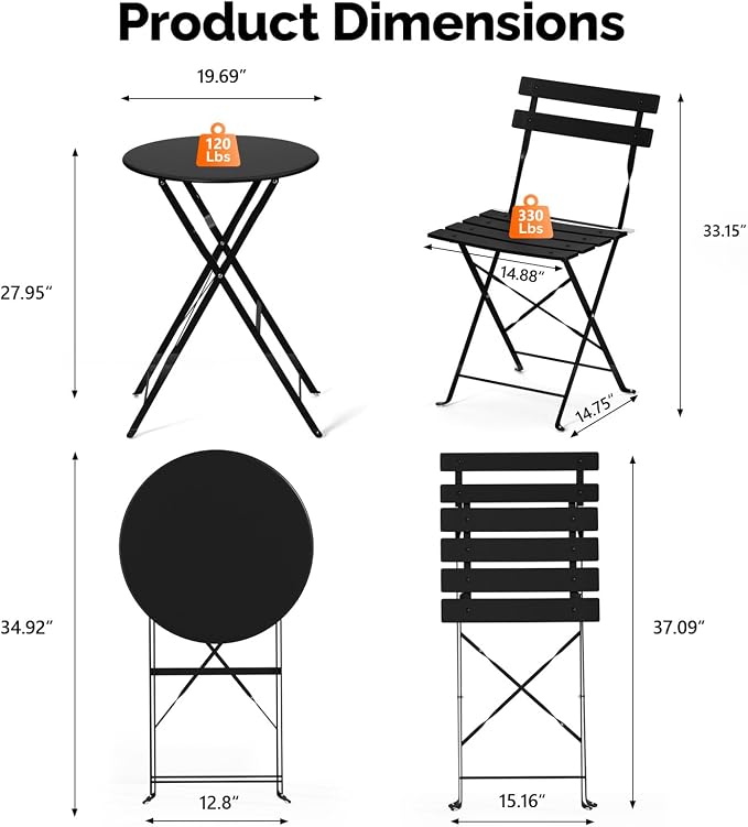 VINGLI Outdoor Folding Bistro Table and Chairs Set of 2, 3-Piece Bistro Set - Image 2