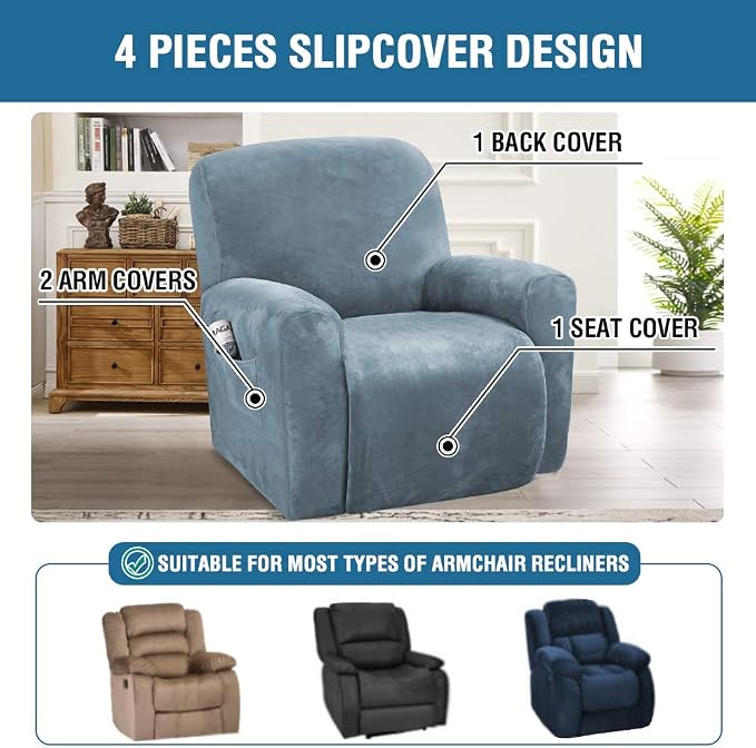 H.VERSAILTEX Velvet Stretch Recliner Couch Covers 4-Pieces Style Recliner Chair - Image 2