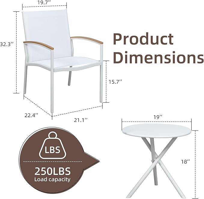 Shintenchi 3 Pieces Patio Bistro Sets, Outdoor Textilene Fabric Conversation - Image 6