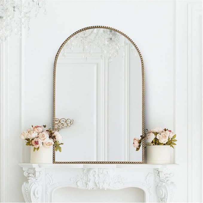 Antique Gold Arched Wall Mirror 20"x30", Ornate Beaded Metal Frame Bathroom - Image 5