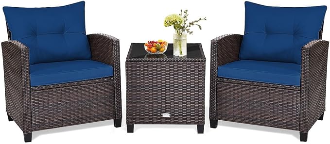 HAPPYGRILL 3 Pieces Patio Conversation Set, Outdoor Furniture Set PE Rattan by HAPPYGRILL