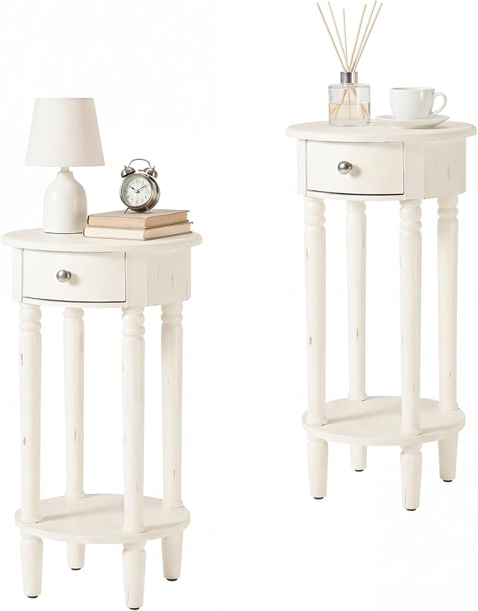 HOMPUS Round End Table with Drawer Set of 2, Rustic Framhouse Nightstand Set 2 by HOMPUS
