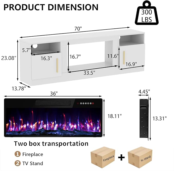PRETZI Fireplace TV Stand with 36" Fireplace Up to 80" TVs, Remote Control - Image 2