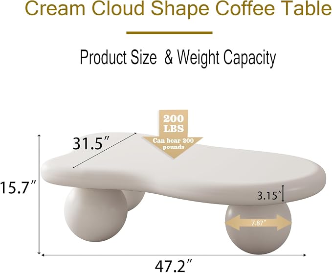 47.2” Cloud Coffee Table with 3 Ball Legs, Modern Irregular Center Table - Image 8