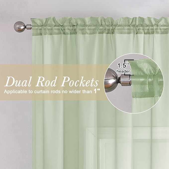 Lecloud Light Green Sheer Curtains 96 Inches Long 2 Panels, Modern Light - Image 5