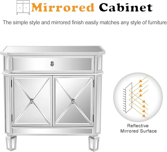 VINGLI Mirrored Cabinet, Mirrored Nightstand, Mirrored Dresser Accent Chest - Image 4