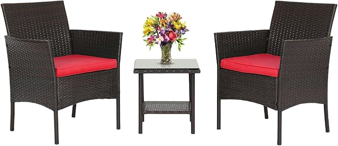 FDW 3 Piece Bistro Conversation Set Patio Brown Wicker Chairs Furniture Outdoor by FDW