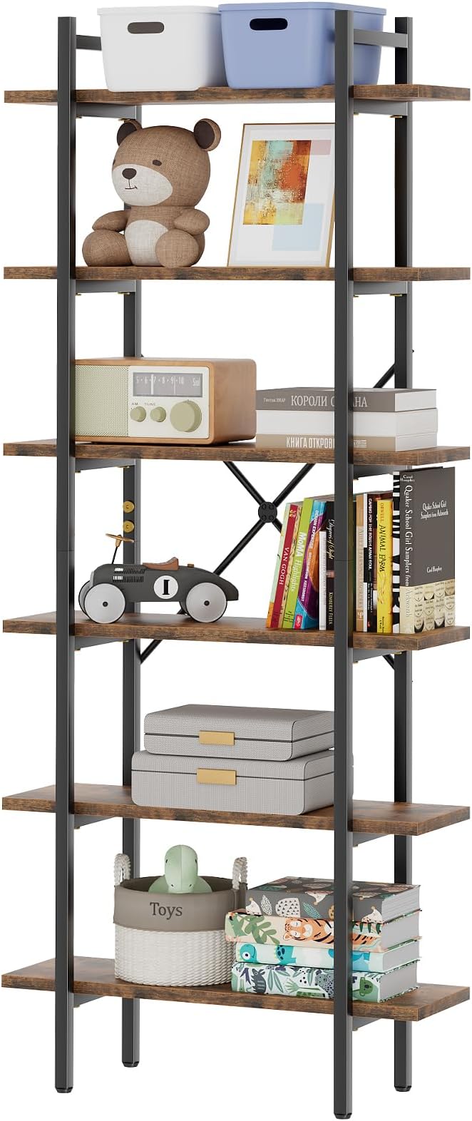 6 Tiers Bookshelf Organizer Industrial Shelf, Modern Open Display Storage - Image 8