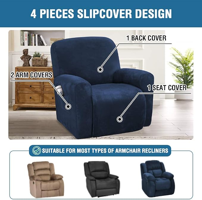 H.VERSAILTEX Velvet Stretch Recliner Couch Covers 4-Pieces Style Recliner Chair - Image 2