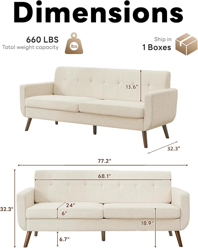 Tbfit 77.2" W Linen Sofa Couch, Mid Century Modern Decor Loveseat Couches - Image 2