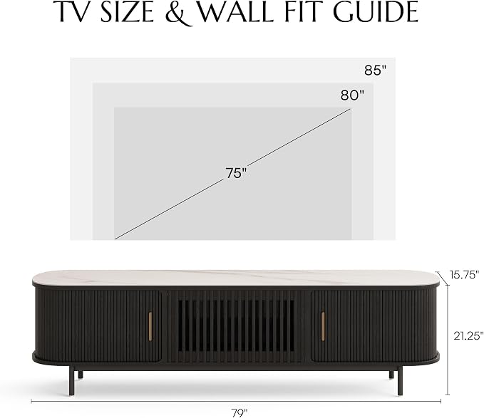 POVISON Fully-Assembled Sliding Tambour Door TV Stand, Mid Century Modern - Image 4