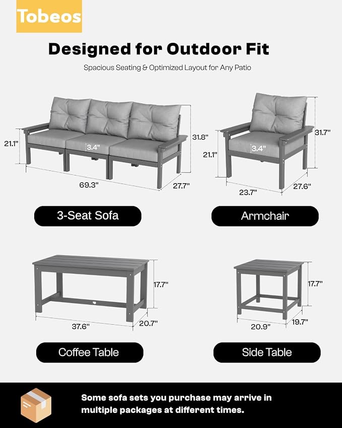 HDPE 3 Piece Patio Furniture Set, All-Weather Outdoor Couch Bistro Set - Image 2